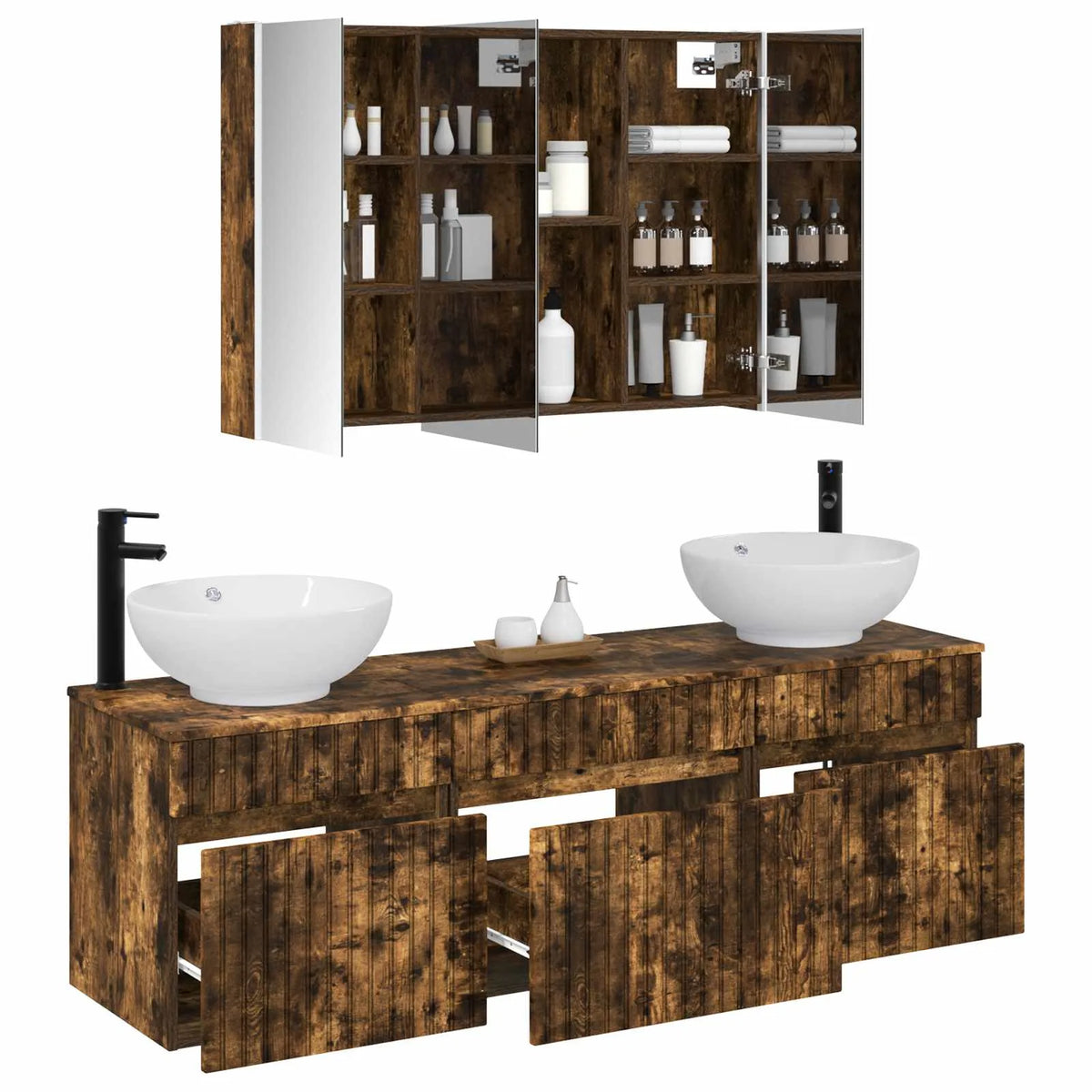 vidaXL Badeværelsesskabsæt 4 pcs Røget eg 103,5 x 15,5 x 70 cm