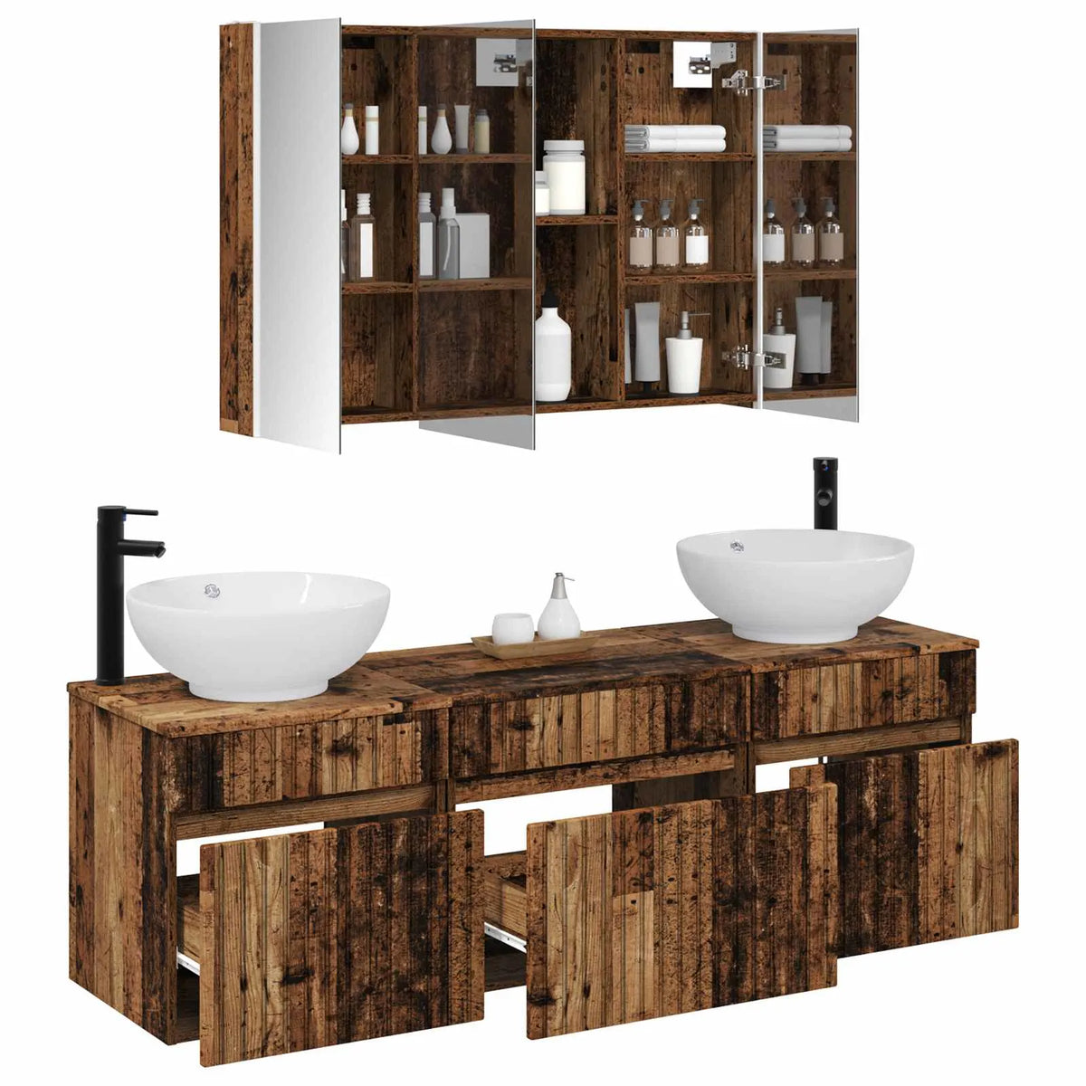 vidaXL Badeværelsesskabsæt 4 pcs Gammelt træ 103,5 x 15,5 x 70 cm