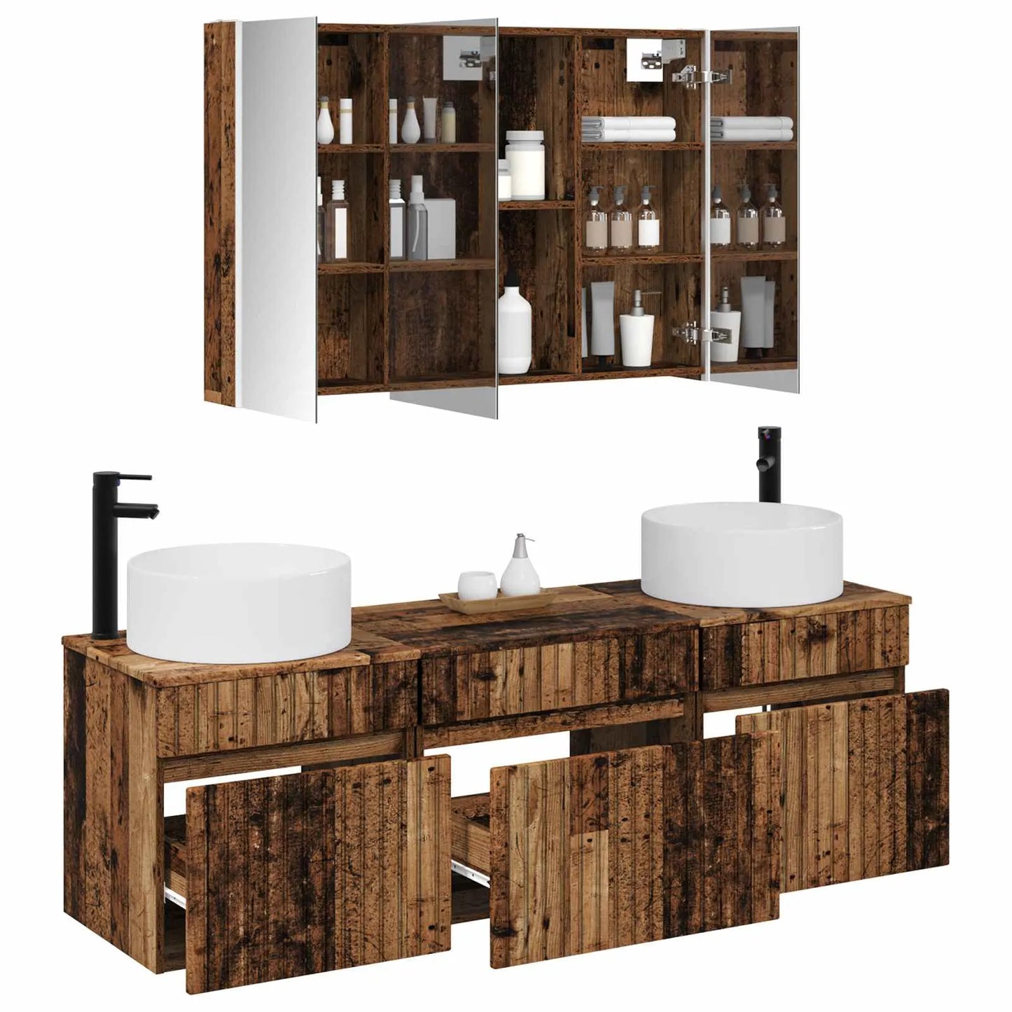 vidaXL Badeværelsesskabsæt 4 pcs Gammelt træ 103,5 x 15,5 x 70 cm